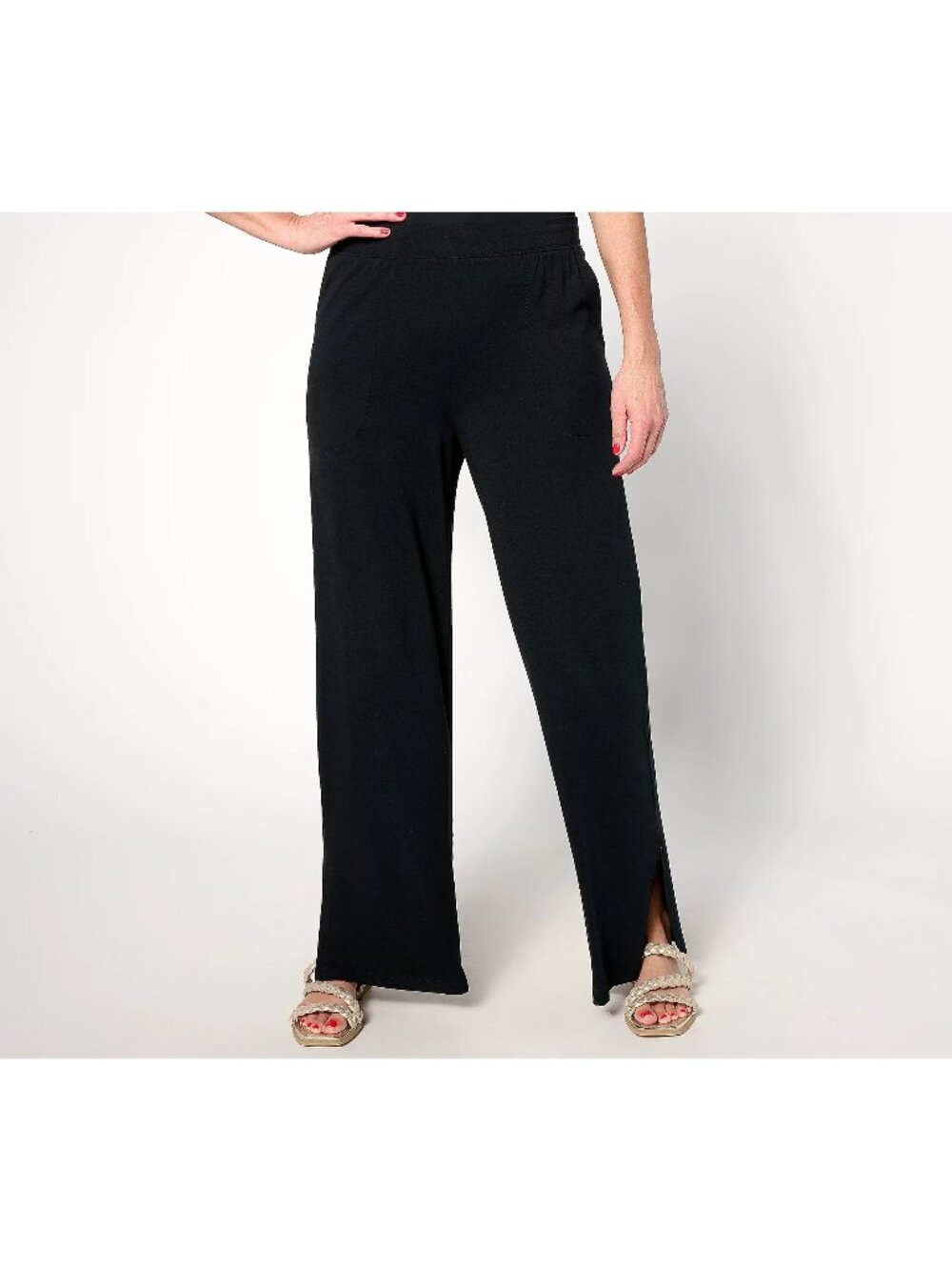 Denim & Co. Beach Pant XL Tall Jersey Wide Leg Elastic Waist Slits Solid Black